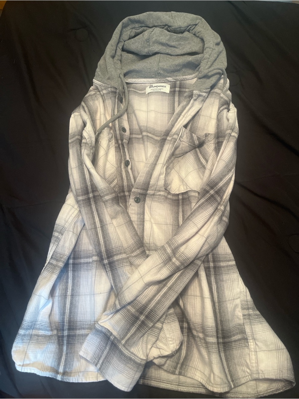 No Boundaries Gray Plaid Hooded Button-Up Shirt